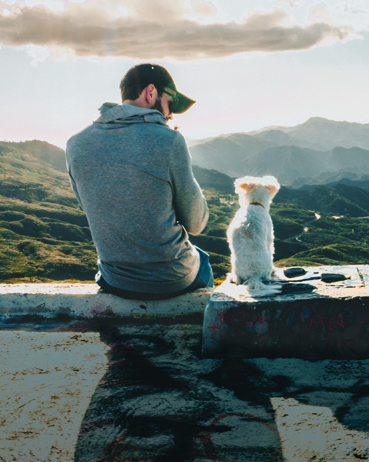 Ein Mann in einem grauen Kapuzenpullover und einer Mütze sitzt neben einem kleinen weißen Hund auf einem Betonvorsprung und blickt auf eine malerische Berglandschaft unter dramatischen Wolken.